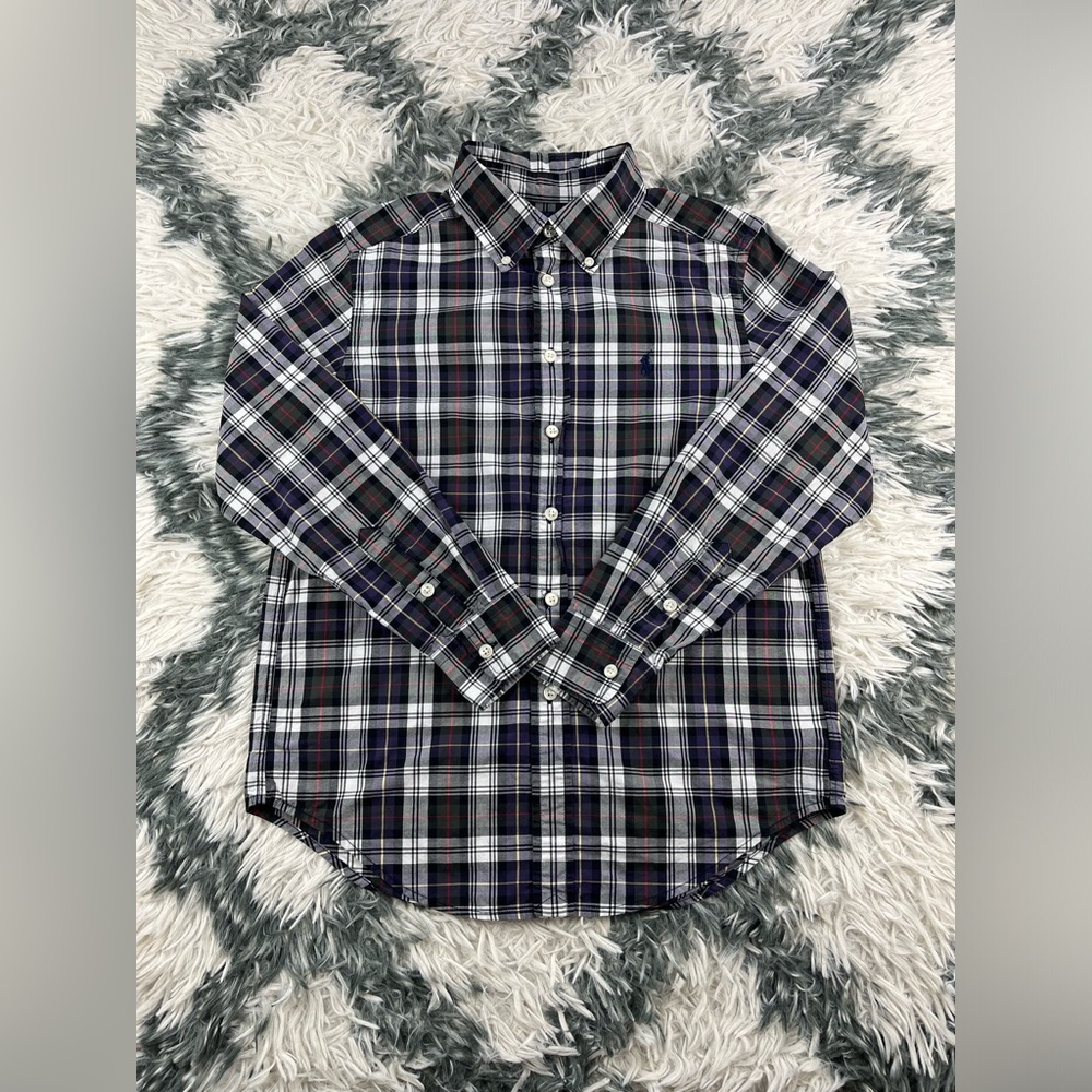 Ralph Lauren Kids Boys Purple Black Plaid Long Sleeve Button Up Shirt Size M